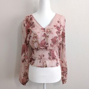 Venus Pink Sheer Coquette Floral Print Long Balloon Sleeve Blouse | Size XS